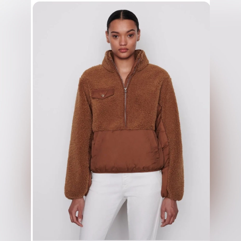 FRAME DENIM Vicuna Brown Fleece Mixed Media Teddy‎ Half Zip Pull Over Jacket L